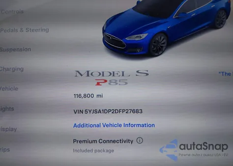 2013 Tesla Model S Performance z USA, uszkodzony, nr VIN 5YJSA1DP2DFP27683